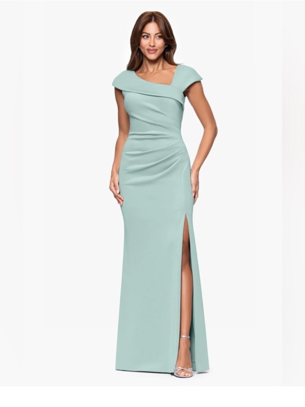 Xscape Light Green Scuba Gown Cap Sleeve Slit Petite Size 8P NWT Formal MOB GALA